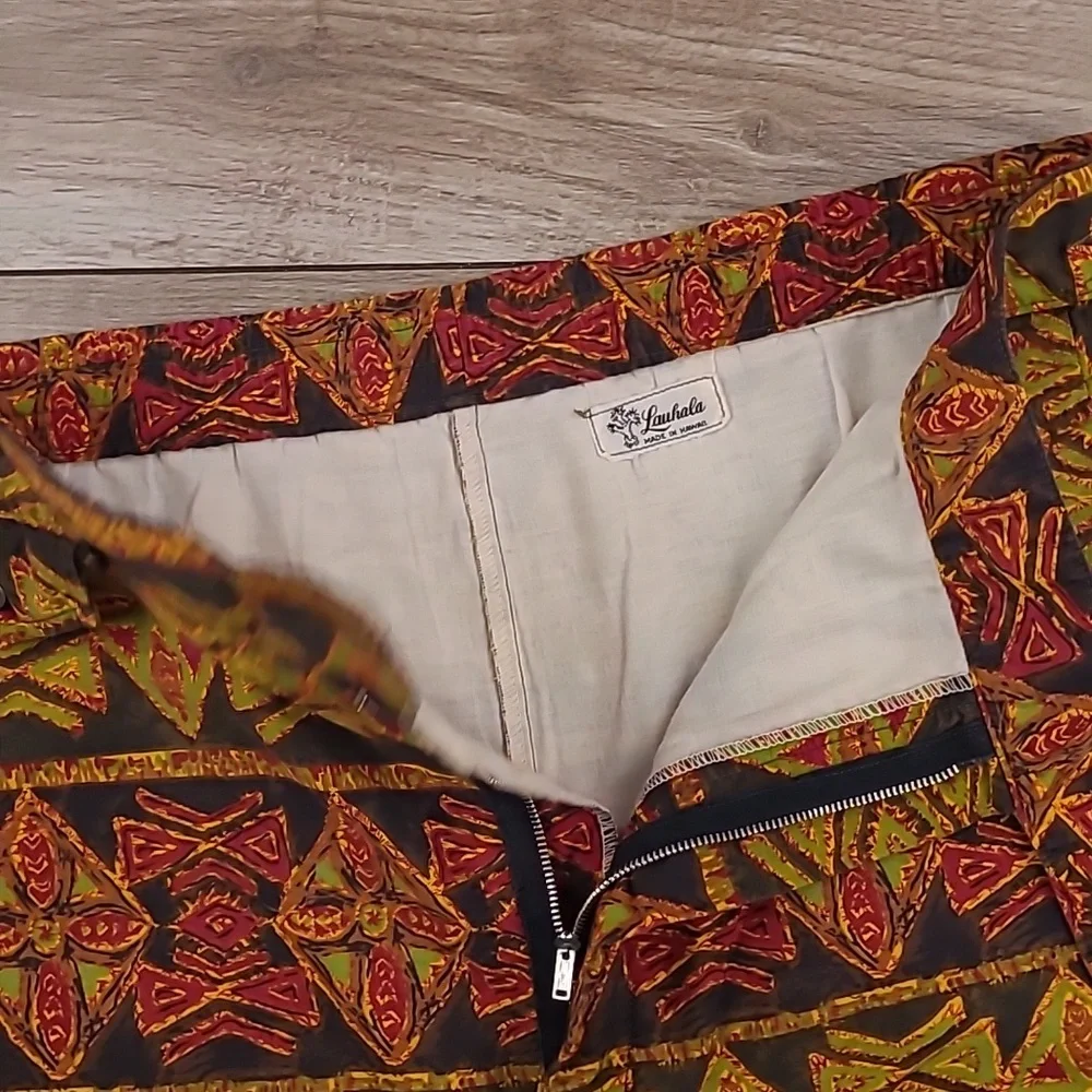 LAUHALA Hawaiian Brown Red Green Tiki 33 Mens Casual Board‎ Shorts RARE VTG 50s